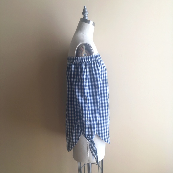Off The Shoulder Navy Gingham Checked Top - Picture 2 of 5